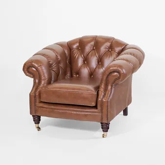 Englischer Chesterfield Clubsessel Paisley Leder cognacbraun mit kompakter Form und weich geschwungenen Armlehnen