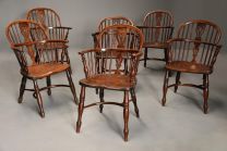 Antikes Set aus sechs Windsor Amrlehnenstühle, mit niedriger Rückenlehne aus Eibe, ca. 1840
