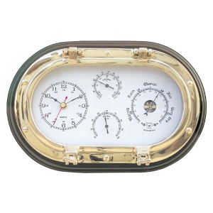 Uhr, Baro-, Thermo- & Hygrometer im ovalen Bullauge auf Holz, 31x20,5cm
