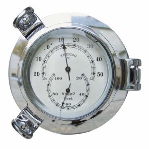 Thermo- & Hygrometer im Bullauge, verchromt, Ø: 14cm