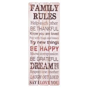 Wandschild weiß- braun mit farbiger Schrift Family Rules...