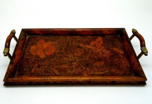 Arts & Crafts Pokerwork Tablett mit Griffen, Original 19. Jahrhundert