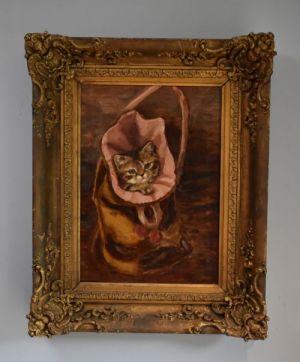 Viktorianisches antikes Ölgemälde, Malerei einer Katze, 1900