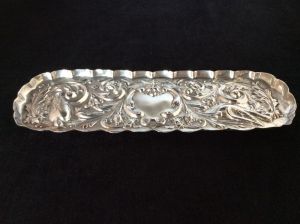 Antikes englisches Silber Frisiertisch Tablett / Silver Pin Tray, Comyns, 1900