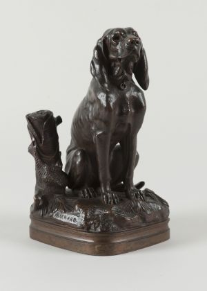 Antike französische Bronzeskulptur eines Jagdhundes 