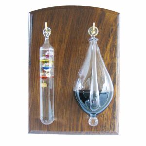 Wetterglas mit Gallilei-Thermometer auf Holzbrett, indisches Holz, 18x25cm