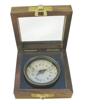 Sonnenuhr-Kompass, Messing antik, Ø: 5,5cm, in der Holzbox mit Glasdeckel