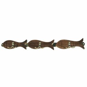 Hakenleiste - Fische, 3 Doppelhaken, Messing/Holz, 51x5,5x3cm