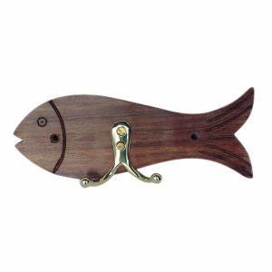 Haken - Fisch, Doppelhaken, Holz/Messing, 15,5x6x3cm