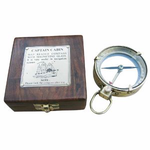 Lupen-Kompass, Messing, Ø: 9cm, in der Holzbox, 10,5x10,5x4cm