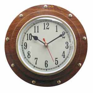 Uhr im Bullauge, Holz/Messing, Quartzwerk, Ø: 23/15cm