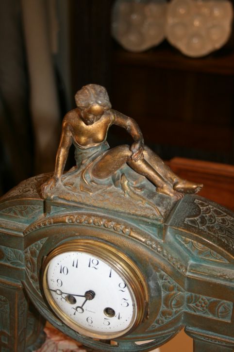 Antike Art Deco Uhr und Tischlampen Bronze Glas französisch ca 1930