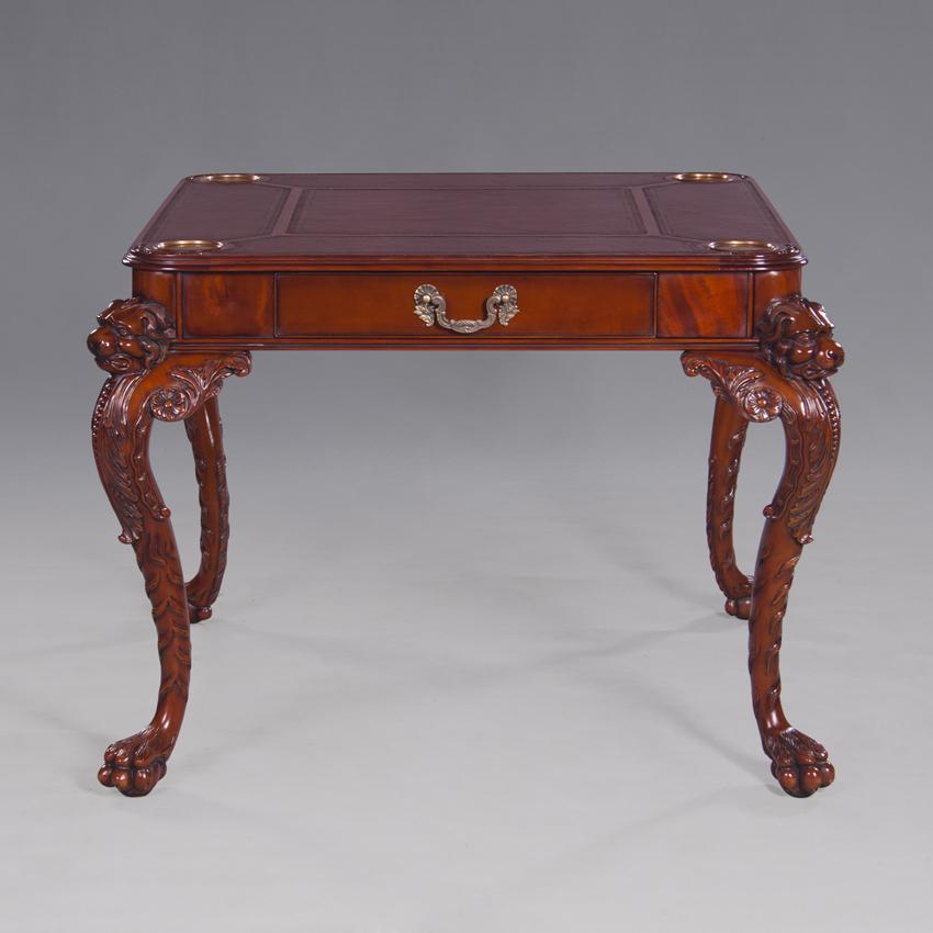 Carved Games Table with Leather Top