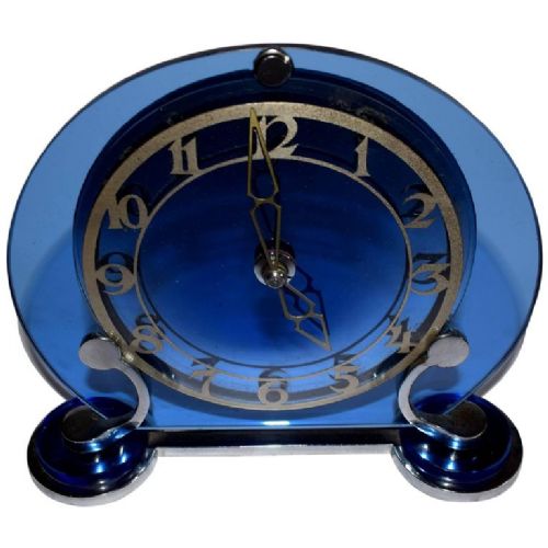 Art Deco Antike Englische blaue Glas Chrom Uhr ca. 1930