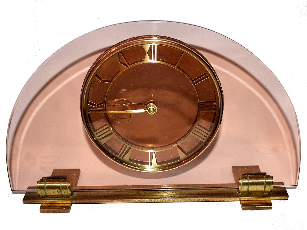 Englische Antike Art Deco pfirichfarbende Glas Uhr ca. 1930