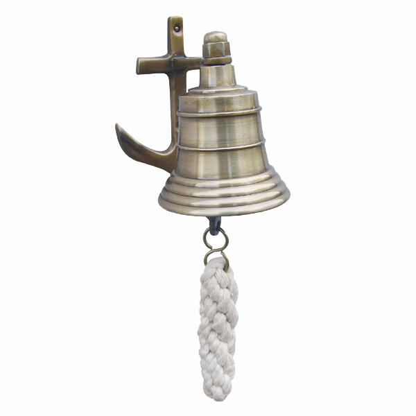 Glocke mit Anker-Wandhalterung, Messing antik, mit Bändsel, Ø: 5,5cm
