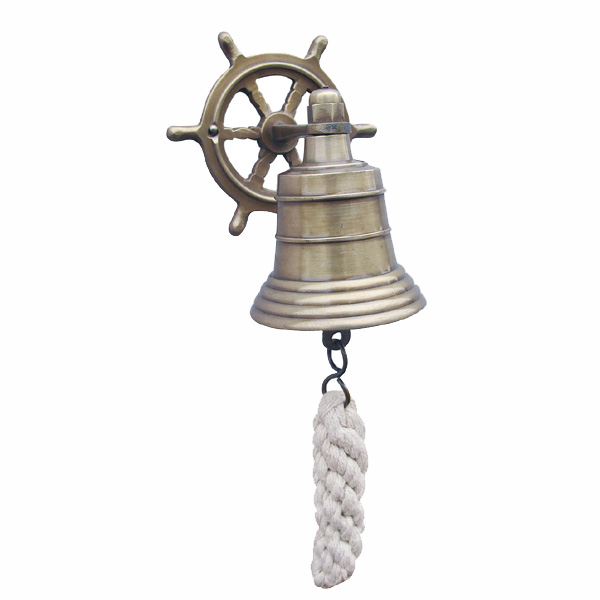 Glocke mit Steuerrad-Wandhalterung, Messing antik, mit Bändsel, Ø: 5,5cm