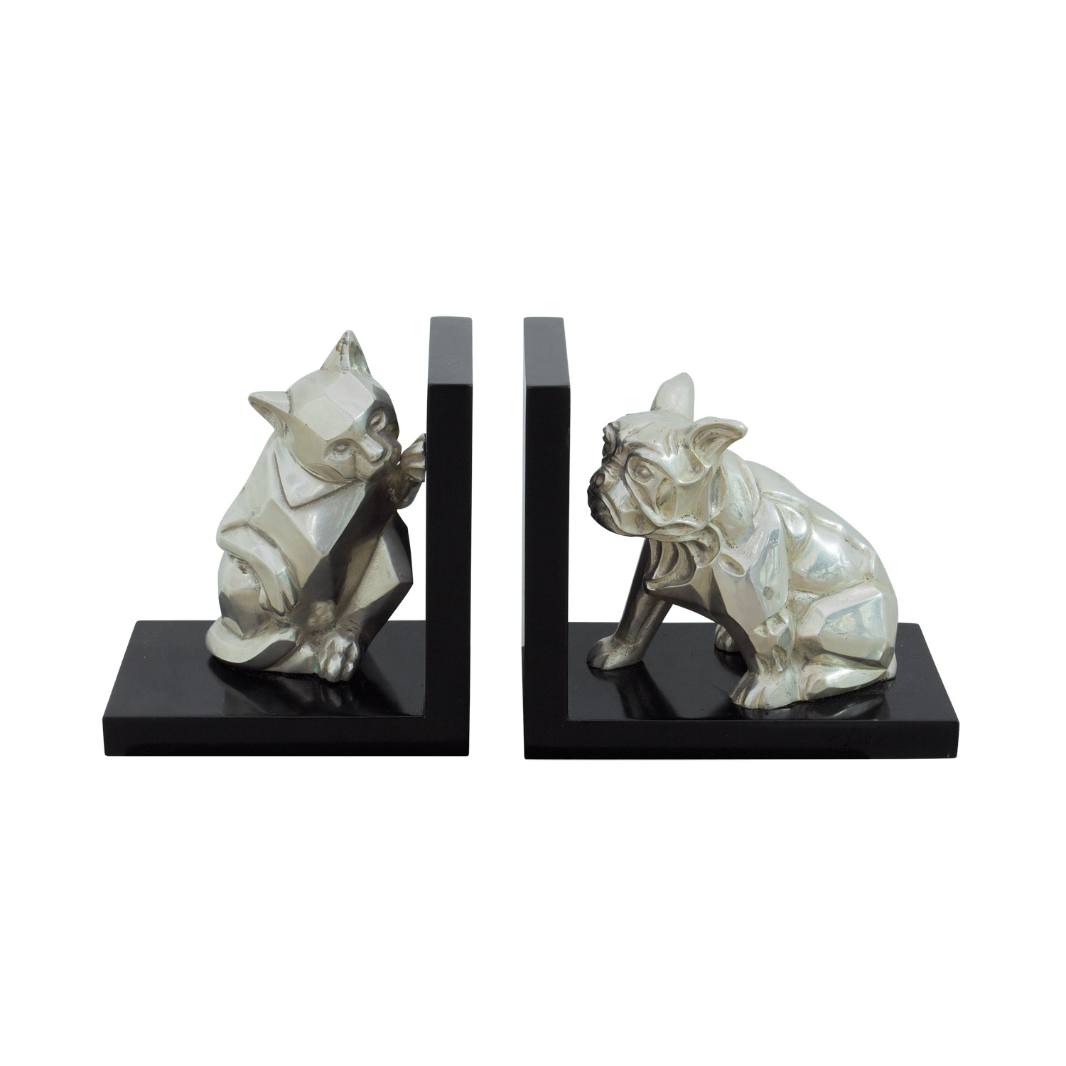 "Katze und Hund" Buchstützen Bookends Book Ends vernickelte Bronzefiguren mit handbemalten Details