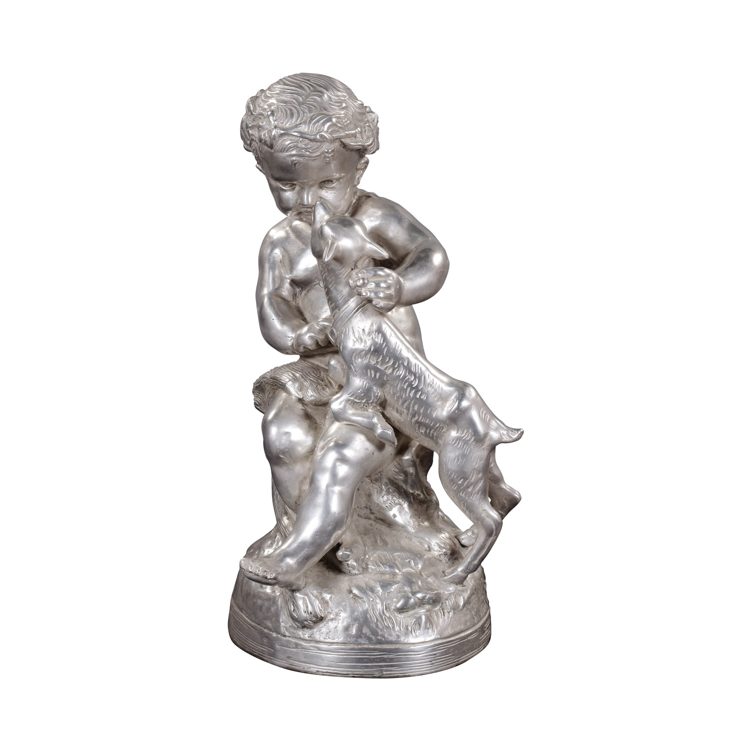 "Kleiner Engel mit Lamm" vernickelte Bronzefigur mit handbemalten Akzenten