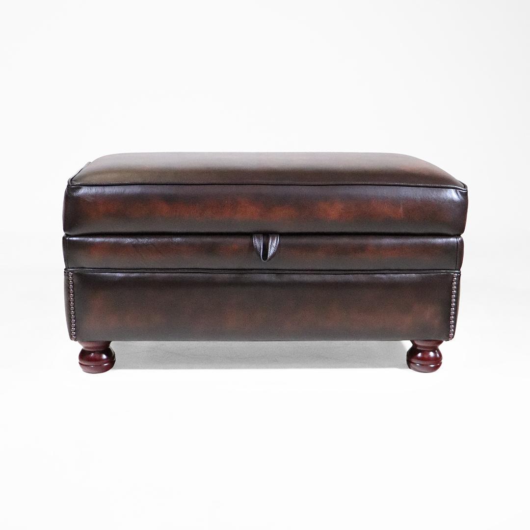 Luxuriöse Echtleder Sitzbank mit Stauraum, Chesterfield Stil, Brauner Lederhocker mit Holzfüßen-WH241002_34